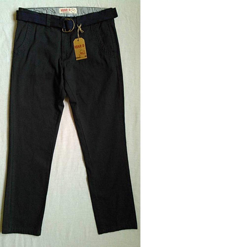 Kian D Slim-Fit Cotton Pants w/ Belt, Black, 32x30